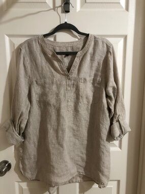 Talbots 100% Linen Tunic Top XL Oatmeal Beige Roll Tab Sleeve